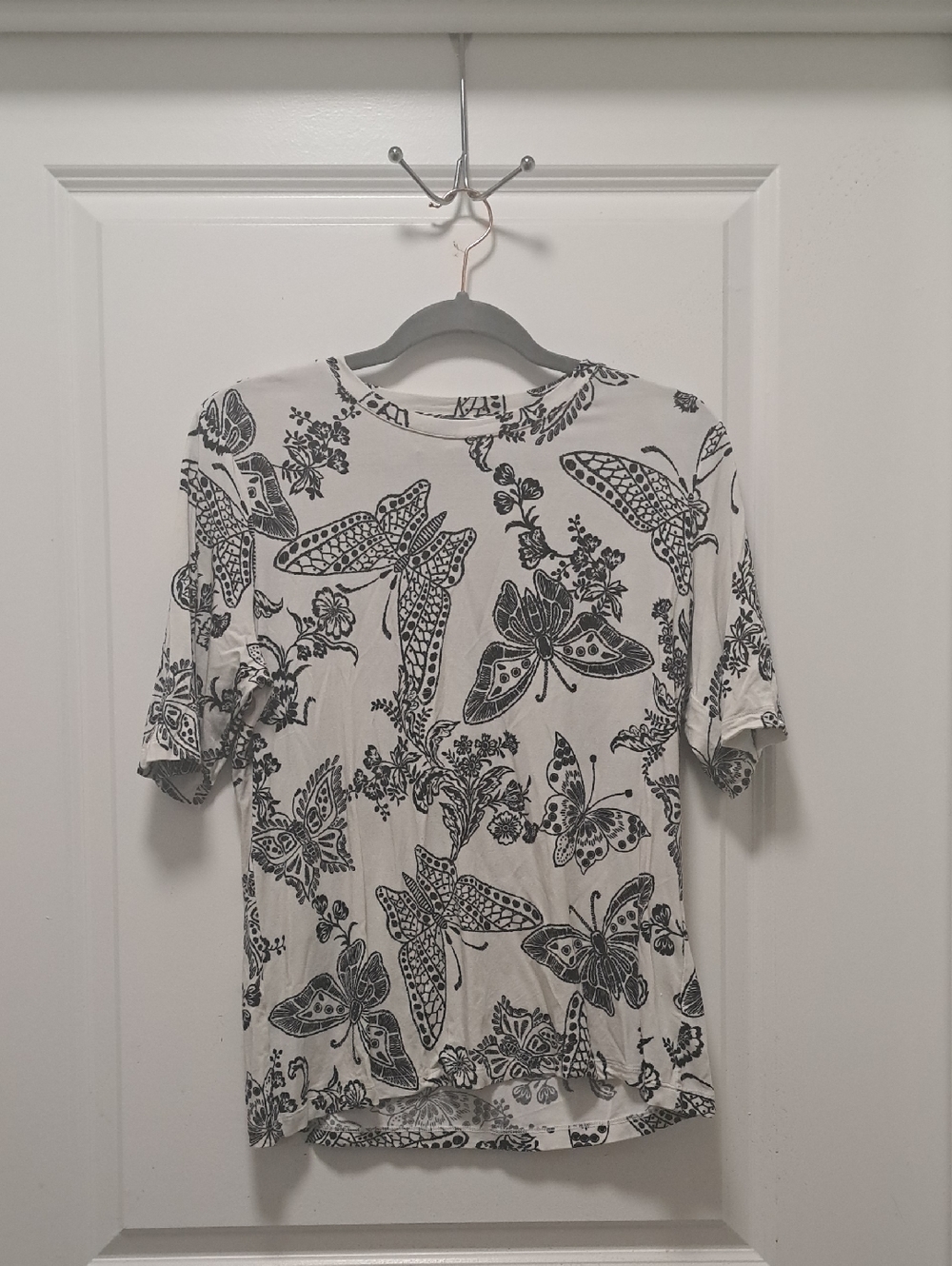 Johnny Was White Short Sleeve Tee with Black Butterfly Print